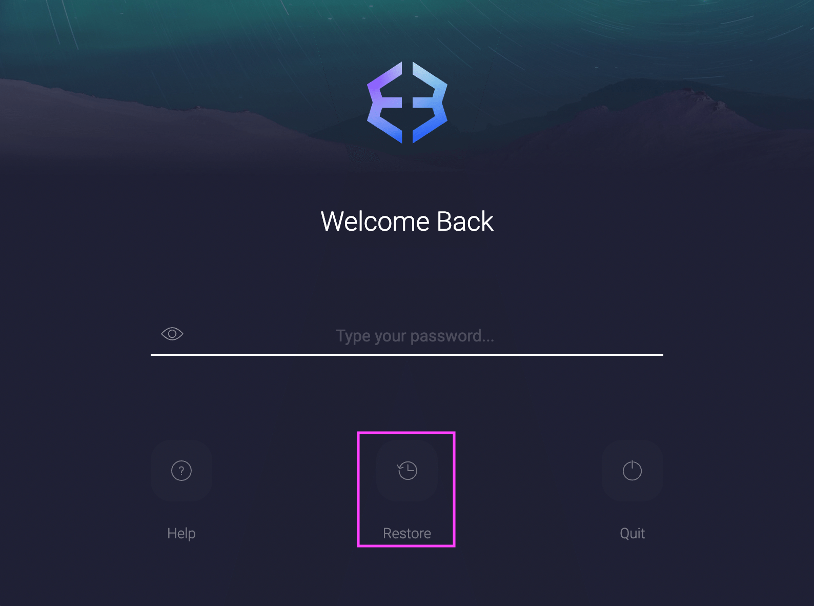 「復元」オプションが強調表示された、Exodus Desktopのパスワード画面。