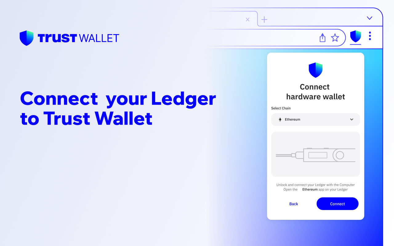 Trust Walletのブラウザ拡張機能で、Ledger用のハードウェアウォレット接続画面が表示される