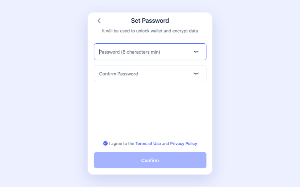 Rabby Walletの「パスワード設定」画面。このパスワードは、ウォレットのロック解除やデータの暗号化に使用されることが説明されています。